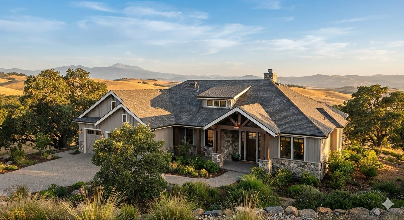 Craftsman-style home with a new shingle roof at golden hour, set against rolling hills