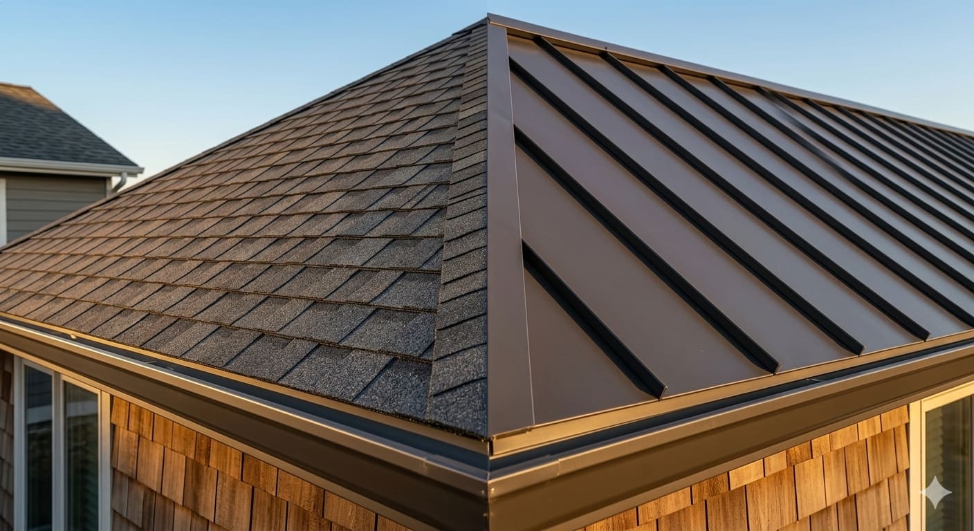 Side-by-side comparison of an asphalt shingle roof and a standing-seam metal roof
