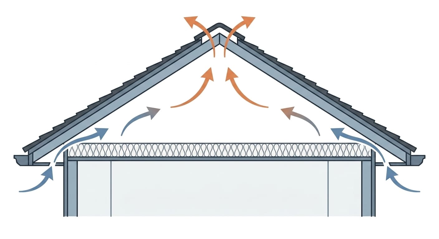 Cross-section illustration of attic airflow from soffit intake vents to ridge exhaust vent