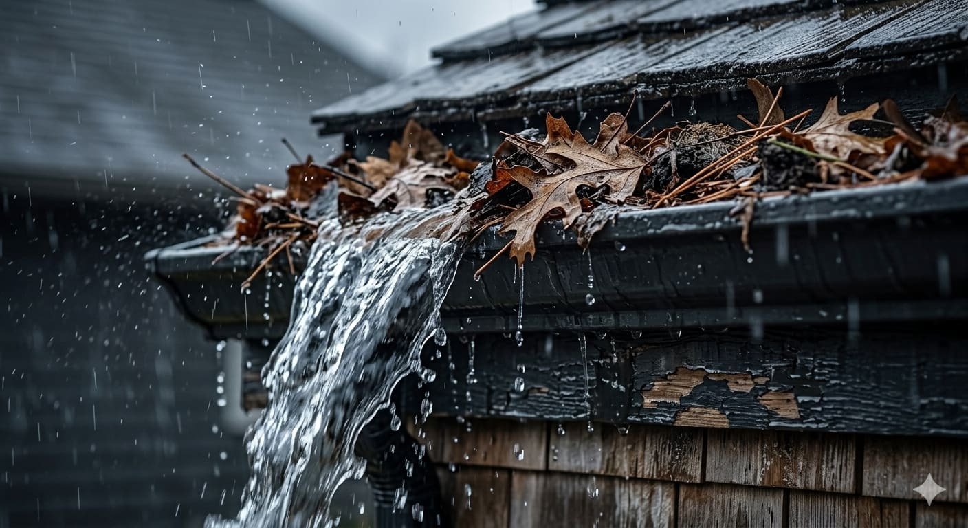 Rain overflowing the edge of a clogged, debris-filled gutter on a home