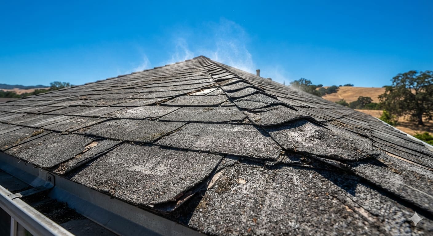 Sun beating down on an asphalt shingle roof on a hot summer day in Redding, California