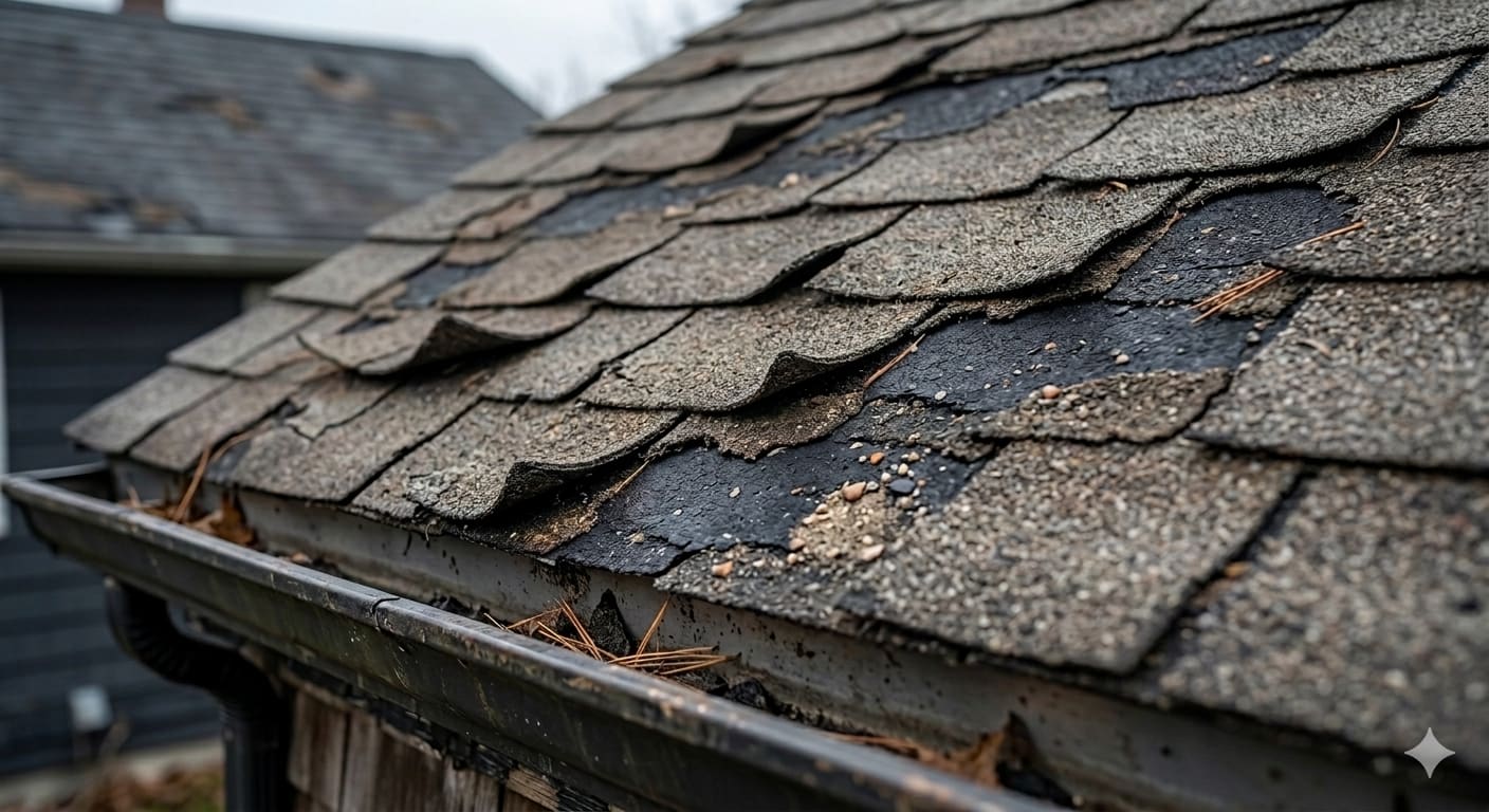 Close-up of aged asphalt shingles showing curling and granule loss on a residential roof